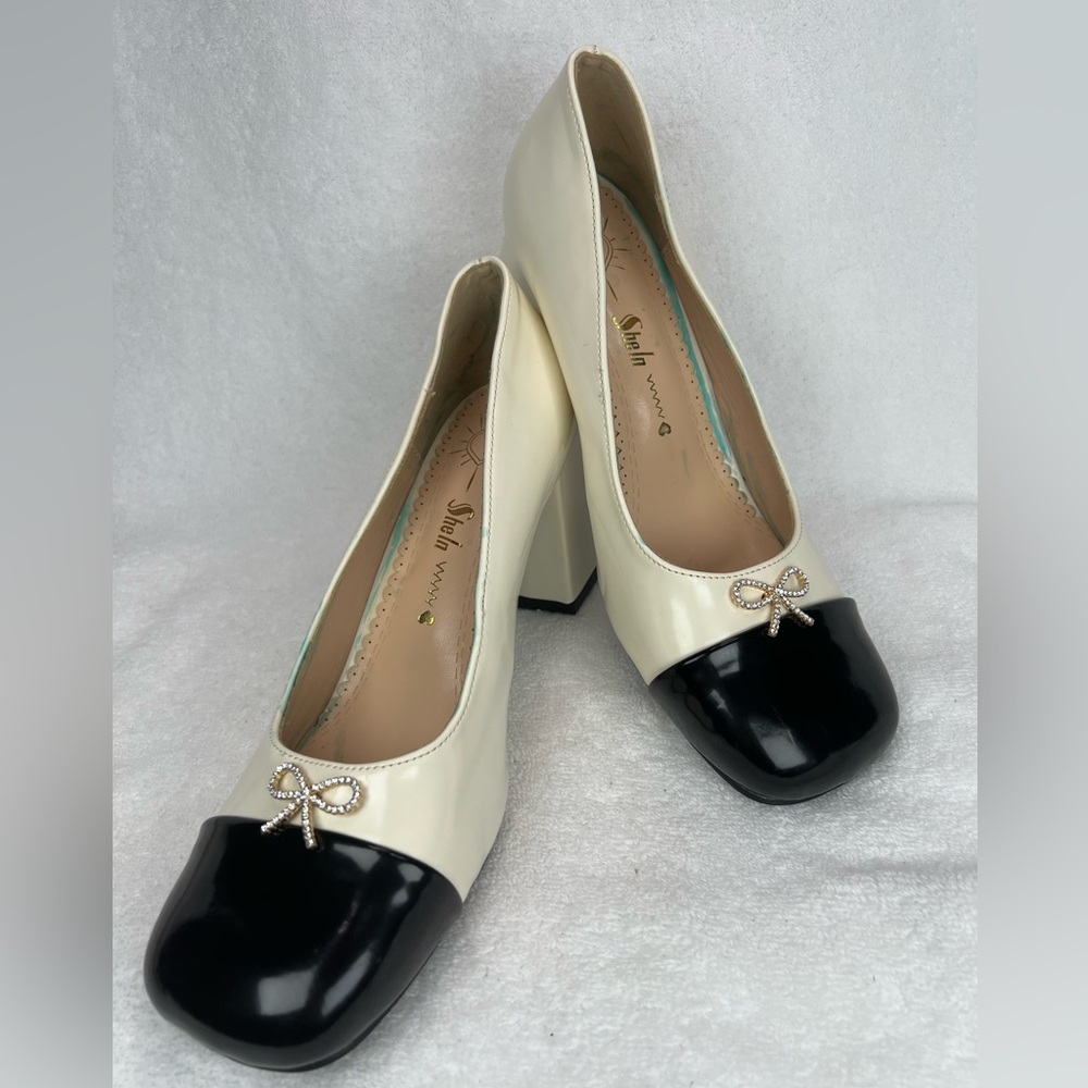 SheIn color block heels. Black and cream patent leather